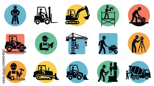 Colorful icons of construction workers and heavy machinery.