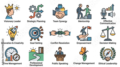 Colorful icons representing various business and professional concepts.