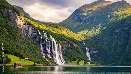 Scenic waterfall cascading down a lush green mountain cliff.