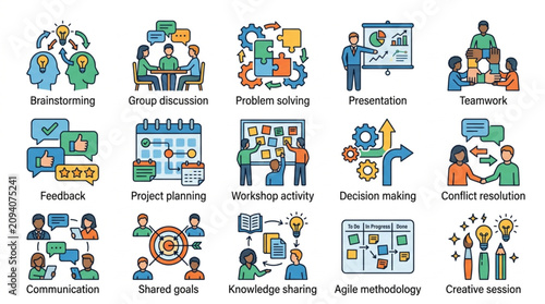 Colorful icons representing various business and team concepts.