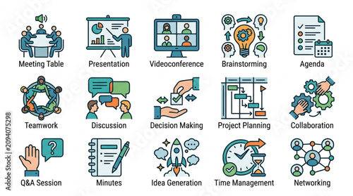 Colorful icons representing various business and technology concepts.