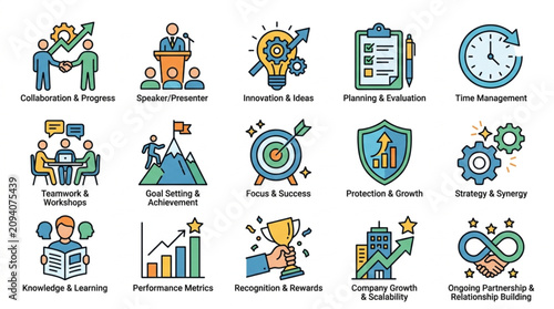 Colorful icons representing various business and technology concepts.