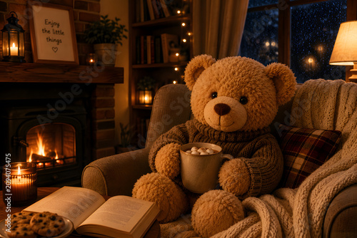 Teddy bear holding hot chocolate in cozy room.