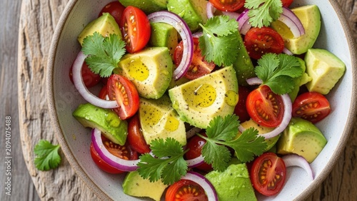 Fresh avocado salad with tomatoes, onions and cilantro.