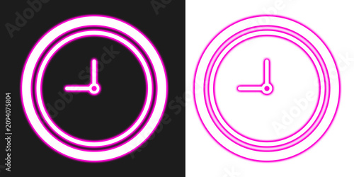 Tableau sur toile Neon magenta clock with pixelated version on a white background, for timekeeping