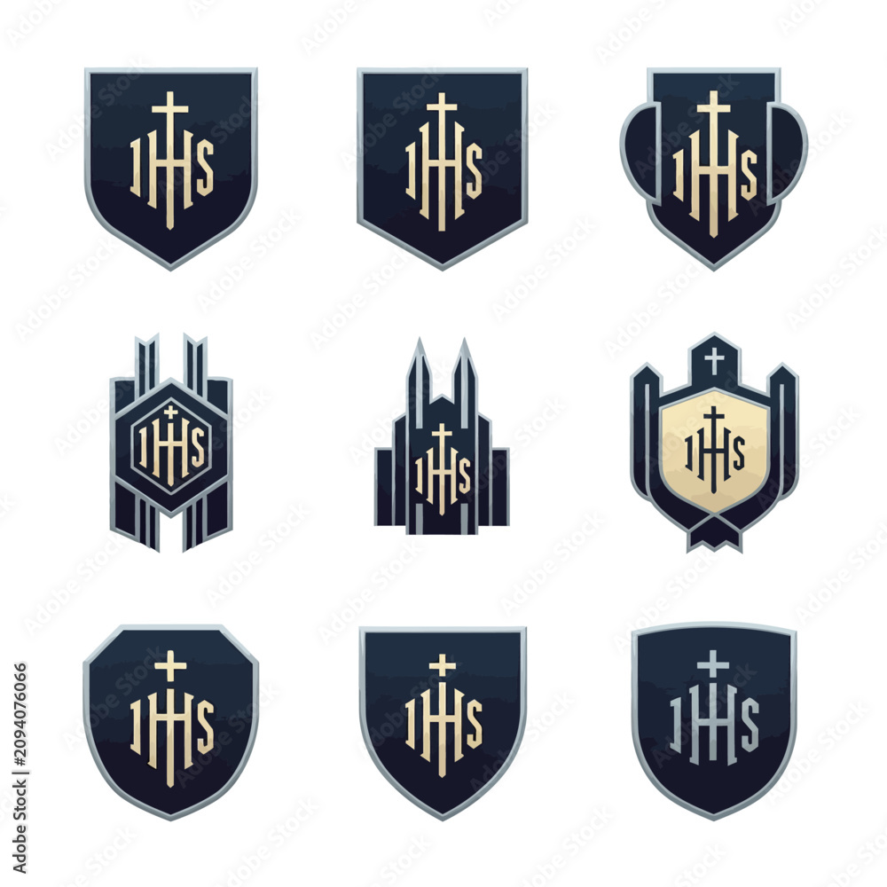Obraz premium Collection of ornate religious emblem designs with crosses.