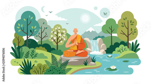Konstfotografi Buddhist Monk Meditating in Serene Nature Landscape, Practicing Mindfulness and Inner Peace, Spiritual Enlightenment Concept, Calm and Tranquil Sce