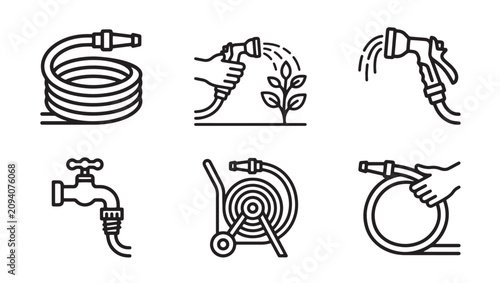 Gardening tools and water hose irrigation icons set with irrigation watering sprinkler agriculture hosepipe equipment collection illustration domestic landscape maintenance vegetation