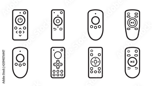 Set of minimalist outline vector icons for television and electronic remote controllers with controller electronic multimedia technology interface illustration collection entertainment