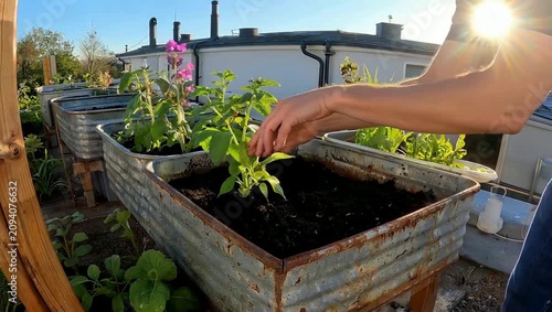 Person planting a seedling in a metal raised bed on a rooftop