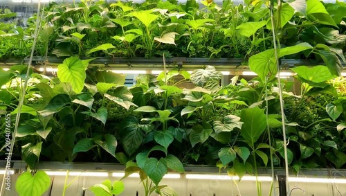 Modern Vertical Indoor Farm with Lush Greenery and LED Lights