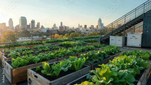 Urban Rooftop Garden Overlooking Metropolitan City Skyline