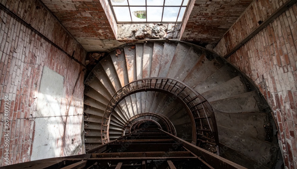 Obraz premium Old spiral staircase in abandoned industrial brick building interior.