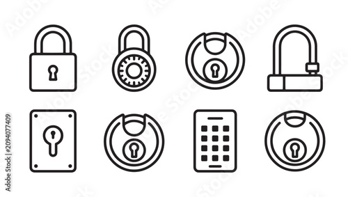 Set of various lock types outline vector illustration icons with security protection password combination mechanism safeguard hardware collection isolated background physical
