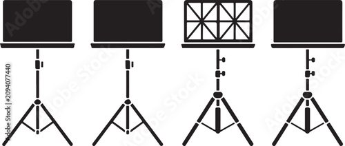 Professional music stand collection including solid and folding wire orchestral styles for sheet notes on adjustable tripod base.