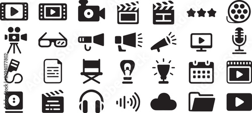 фотографія Professional cinema equipment icon set with production tools such as camera clapperboard megaphone and multimedia playback signs