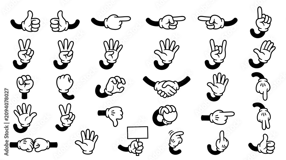 Fototapeta premium Set of cartoon gloved hand gestures showing various signs and expressions for character design and animation projects