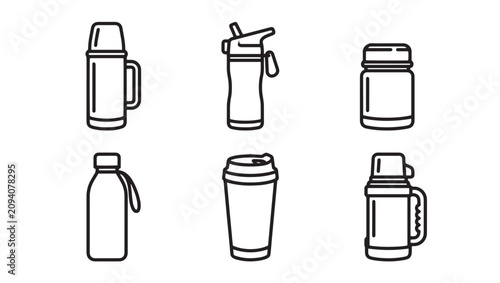 Thermos and vacuum insulated bottle icon set with insulated beverage container portable drinkware accessory illustration hydration lifestyle takeaway reusable sustainable essential