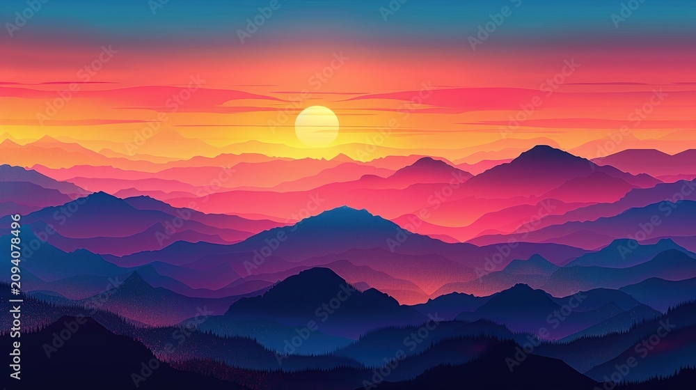 Fototapeta premium Spectacular Sunrise Behind Silhouette of Majestic Mountains with Dramatic Golden Sky Landscape 
