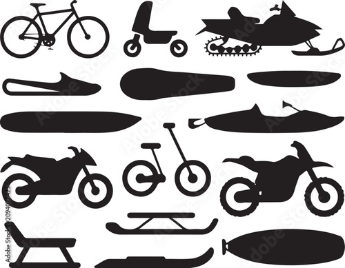 Obraz na plátně Transportation set containing silhouettes of bicycles scooters snowmobiles surfboards and motorcycles for recreational sports
