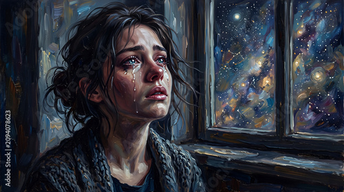 A melancholic woman with tears reflecting a star-filled sky, surreal and emotional portrait in impressionist oil paint with textured brushstrokes