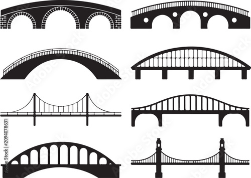 Set of bridges with arch and suspension construction styles for civil engineering architecture and infrastructure transportation.