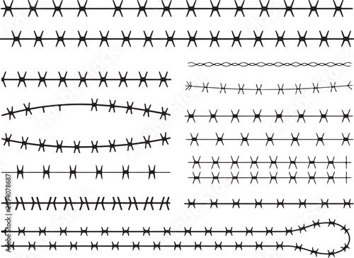 Bild auf Leinwand Barbed wire silhouettes set featuring razor wire and fence elements with sharp metal spikes on transparent background for security