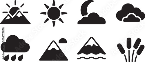 Fotografie Nature icons set sun rising mountain moon cloud rain snow mountain wave grass reeds isolated on transparent background