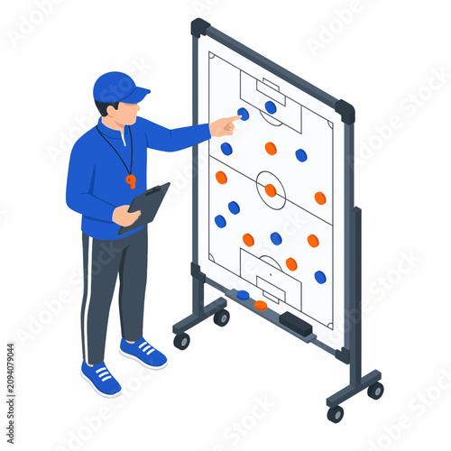Isometric vector illustration of a male soccer coach in blue athletic wear holding a clipboard and pointing at a magnetic white strategy board with a football pitch diagram and markers.