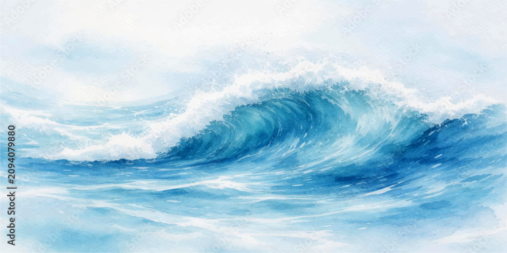 Fototapeta premium Stunning watercolor ocean wave painting with deep blue flowing water, crashing white foam, abstract coastal seascape, soft marine background and gentle pale sky.