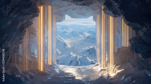 Enchanted Cave View with Glowing Pillars and Majestic Mountains