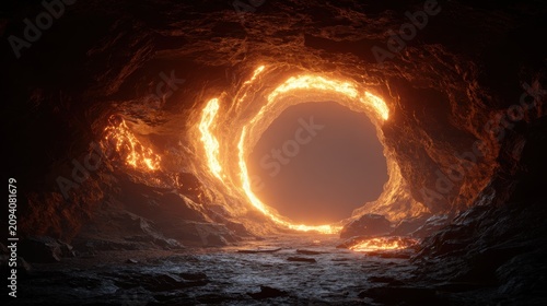 Fiery Portal in a Dark Cave with Glowing Lava and Mysterious Atmosphere