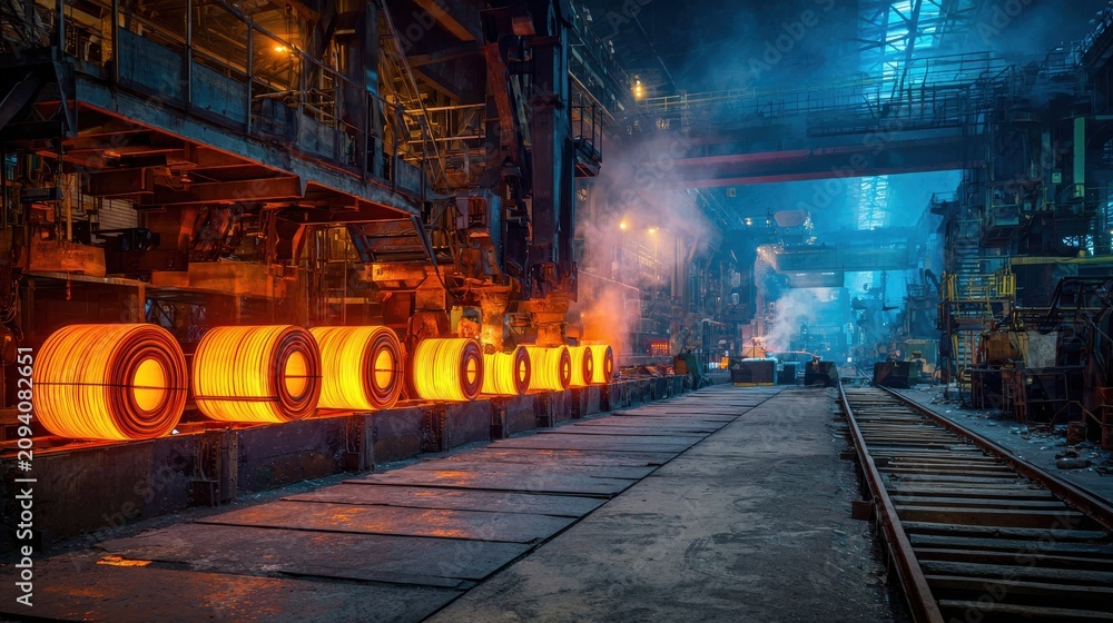 Fototapeta premium Bright glowing coils of steel in a heavy manufacturing metal foundry. Industrial production and metallurgy.