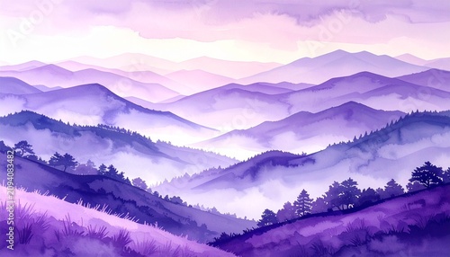 Traditional Japanese watercolor landscape featuring layered violet hills and gentle fog