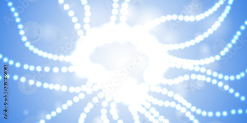 Cuadro en lienzo Abstract bright light source in center with blurred glowing dot strings radiating outwards on blue background
