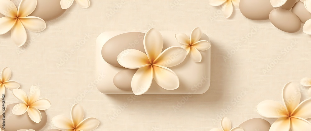 Obraz premium Luxury Spa Soap Bar with Frangipani Flowers and Stones