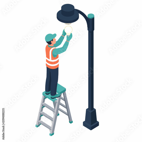 Isometric vector illustration of a maintenance worker wearing a high-visibility vest and cap standing on a stepladder while replacing a light bulb in a tall urban street lamp post.