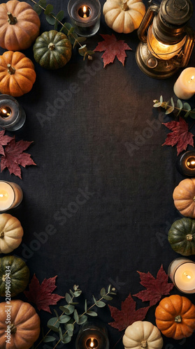 Organic Halloween Flat Lay Background with Natural Autumn Harvest Elements