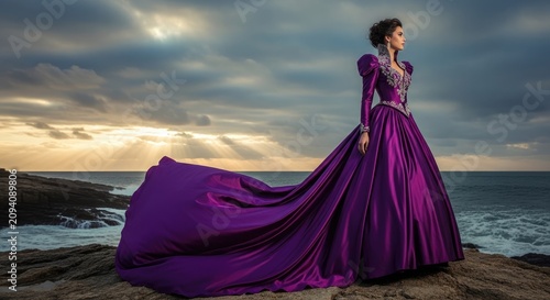 Elegant woman in purple ballgown standing on coastal rocks.