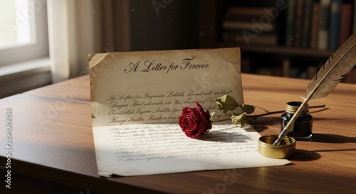 Romantic vintage letter with red rose and quill pen.