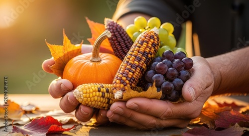 Hands holding autumn harvest of pumpkin, corn and grapes.