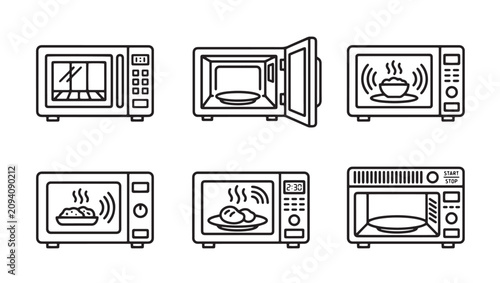 Collection of modern microwave ovens vector illustrations with microwave appliance electronic household technology equipment breakfast preparation illustration collection electrical