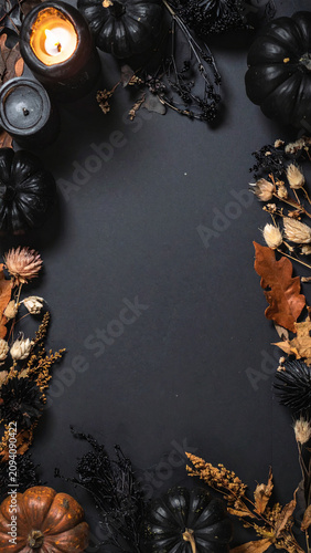 Organic Halloween Flat Lay Background with Natural Autumn Harvest Elements