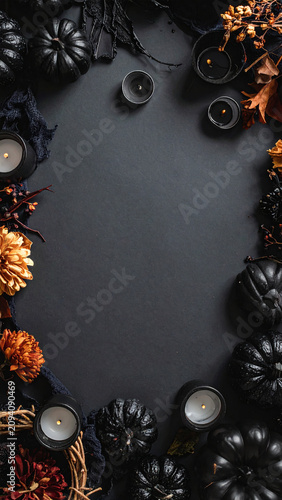 Organic Halloween Flat Lay Background with Natural Autumn Harvest Elements