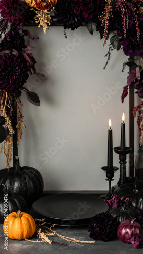 Organic Halloween Flat Lay Background with Natural Autumn Harvest Elements