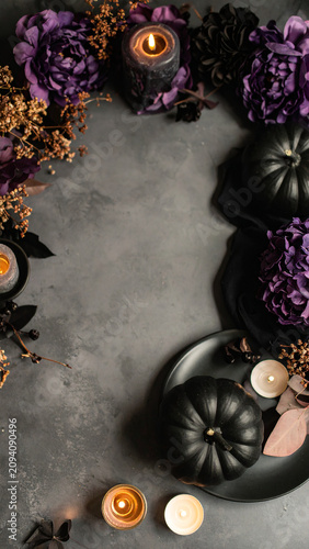 Organic Halloween Flat Lay Background with Natural Autumn Harvest Elements