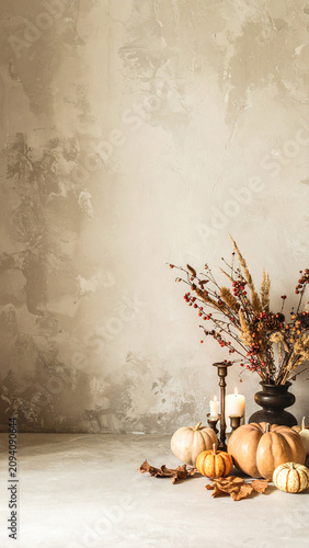 Organic Halloween Flat Lay Background with Natural Autumn Harvest Elements
