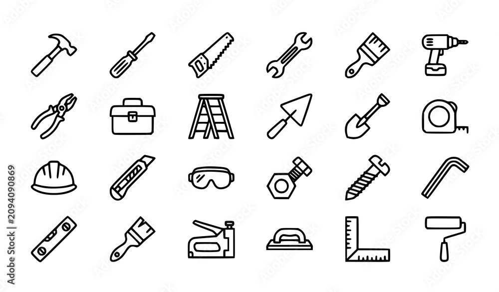 Obraz premium Construction Tool Thin Line Icons Vector Illustration Set