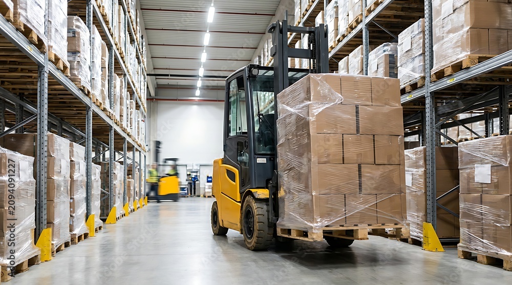 Naklejka premium Forklift truck in warehouse with driver transporting stack of boxed goods on pallet logistics and supply chain management with tall shelves and lighting in industrial building.