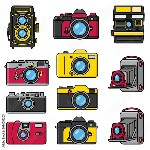 Retro vintage film camera cartoon icon collection, diverse twin lens, SLR, instant, rangefinder, folding old photo cameras isolated on white for photography design print